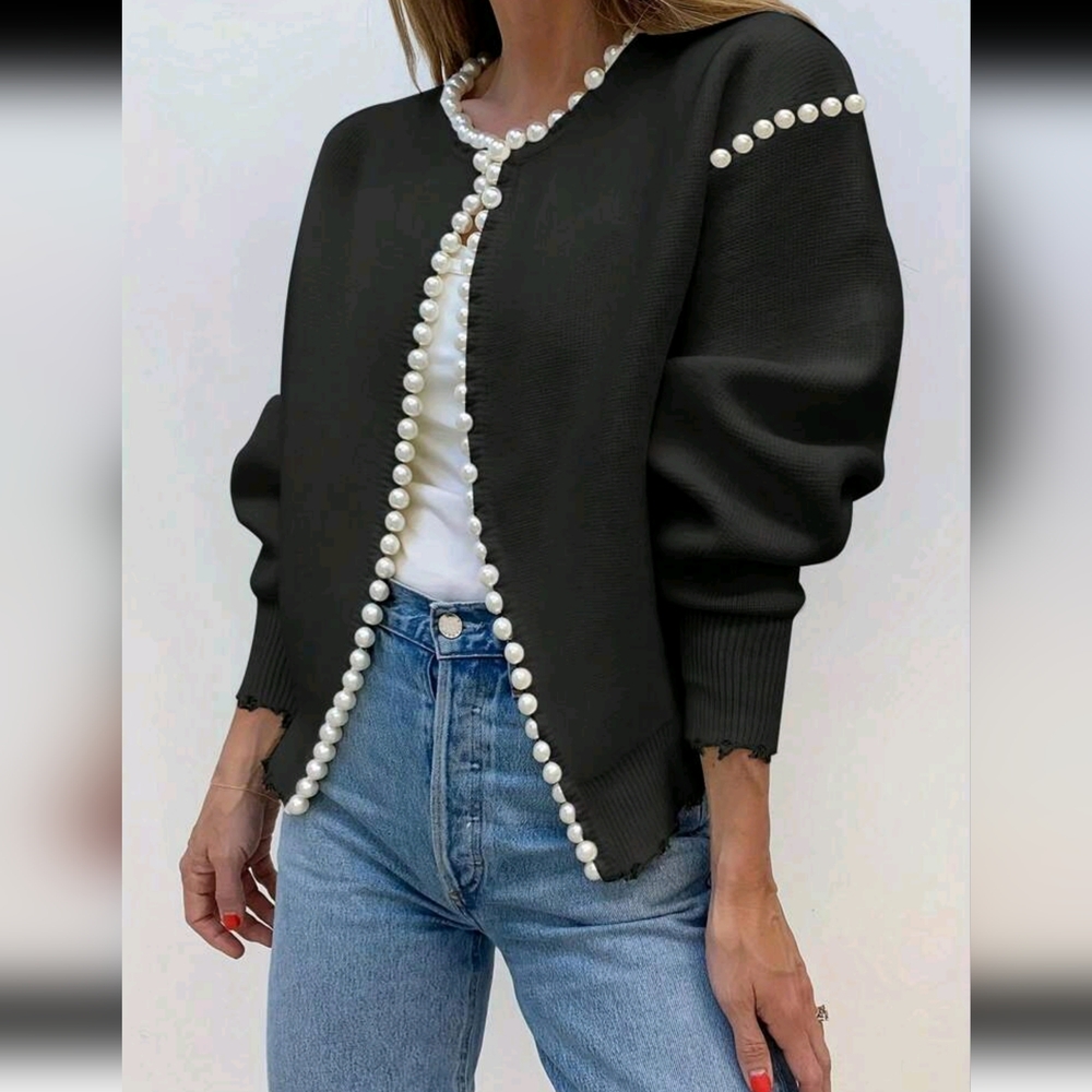 Solid Color Cardigan, Pearl Trim Distressed Hem, Long Sleeve, Elegant Knit Sweat - Picture 7 of 7